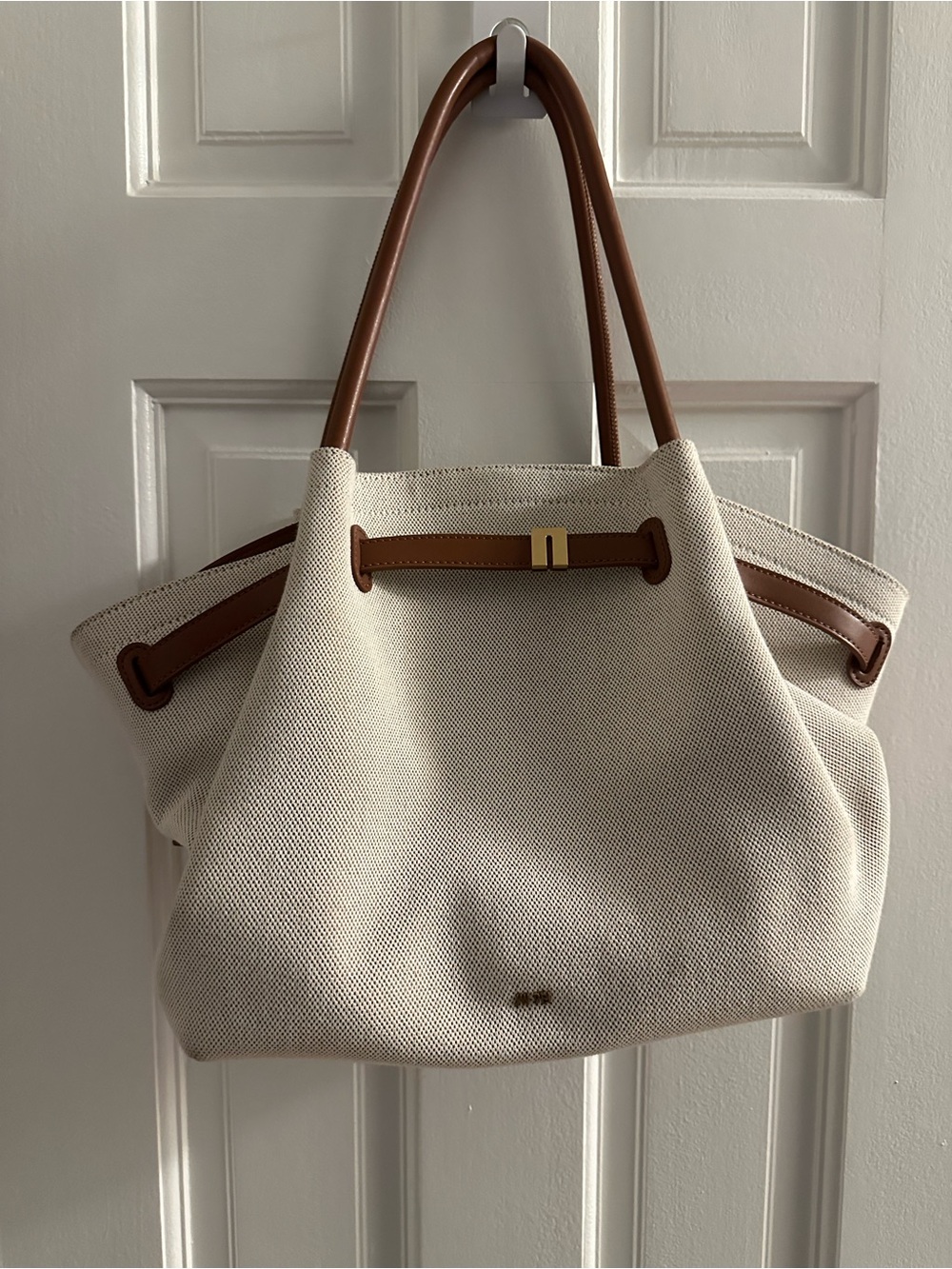 JW PEI Cream Canvas Tote with Tan Handles and Gold Accent